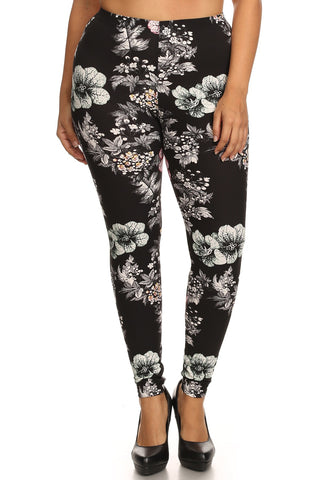 Plus Size Floral Graphic Printed Jersey Knit Legging With Elastic Waistband Detail