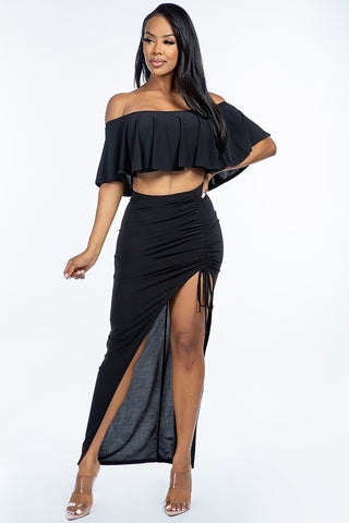 Solid Ity Off The Shoulder Ruffled Cropped Top And Ruched Maxi Skirt Two Piece Set