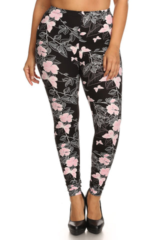 Plus Size Super Soft Peach Skin Fabric, Butterfly Graphic Printed Knit Legging With Elastic Waist Detail